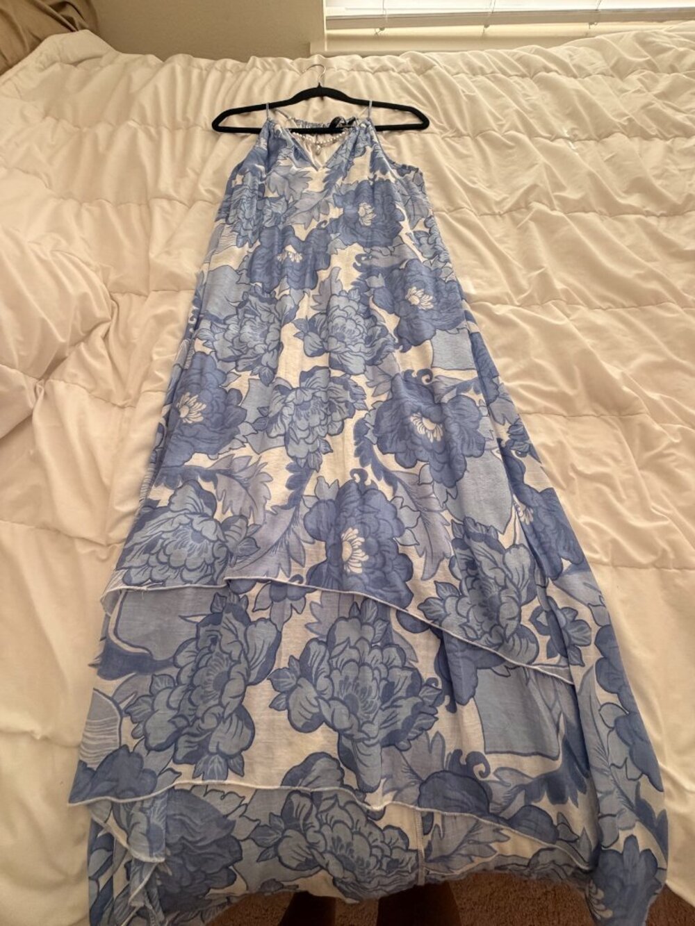 Mlle Gabrielle Blue White Floral Maxi Dress Pearl Neckline Trim M